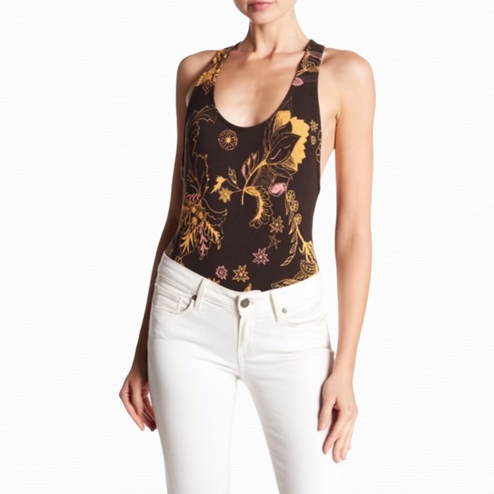 Free People Floral Black & Gold Bodysuit Large - Picture 13 of 14